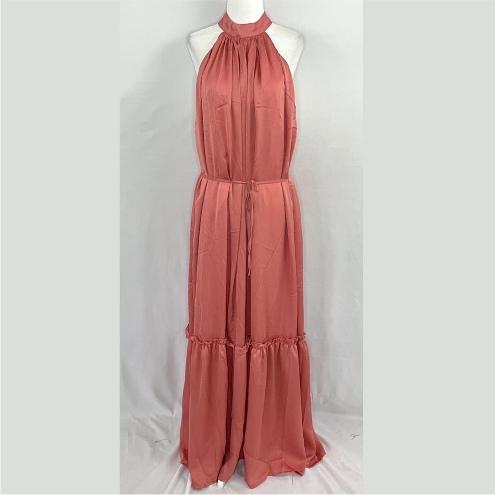 Nwt Sleeveless Halter Neck Tiered Maxi Dress In Clay Pink Strappy Back Sz L